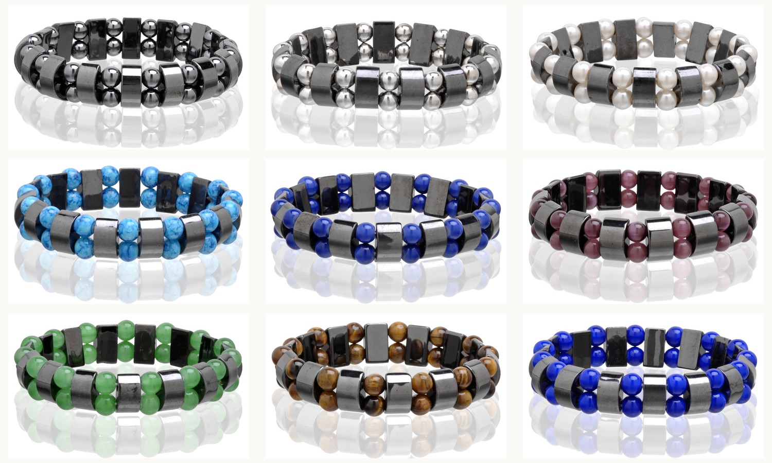 All nine MagBrace magnetic hematite bracelet styles