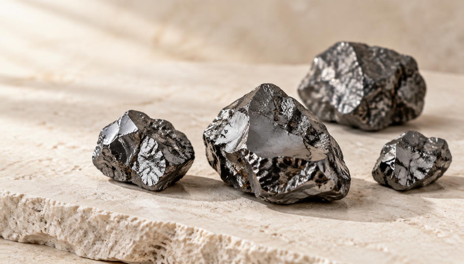 Polished raw hematite arranged in a bright jewelry studio